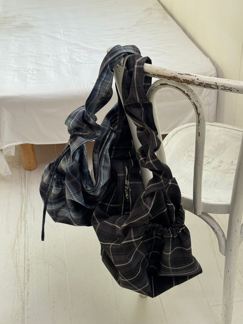 Nylon Check Gathered Shoulder Bag