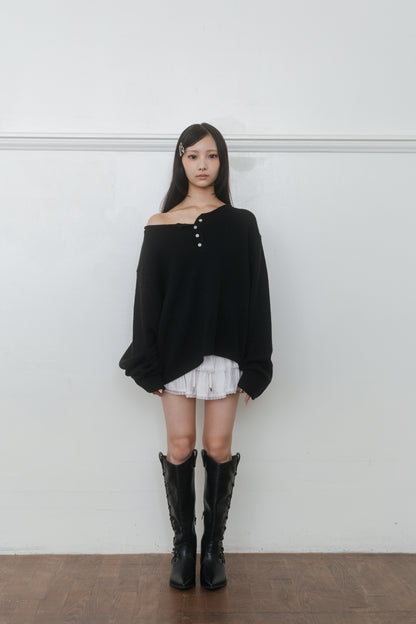 【先行】Loose Cut-Off Henley Knit ※10月中旬配送予定