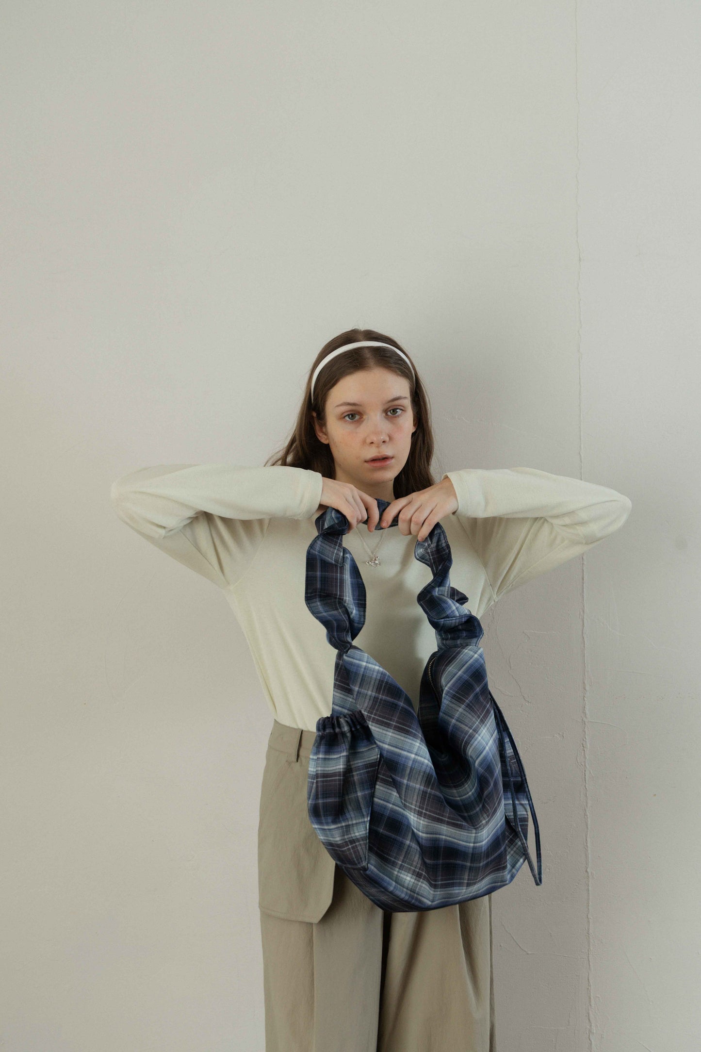 Nylon Check Gathered Shoulder Bag