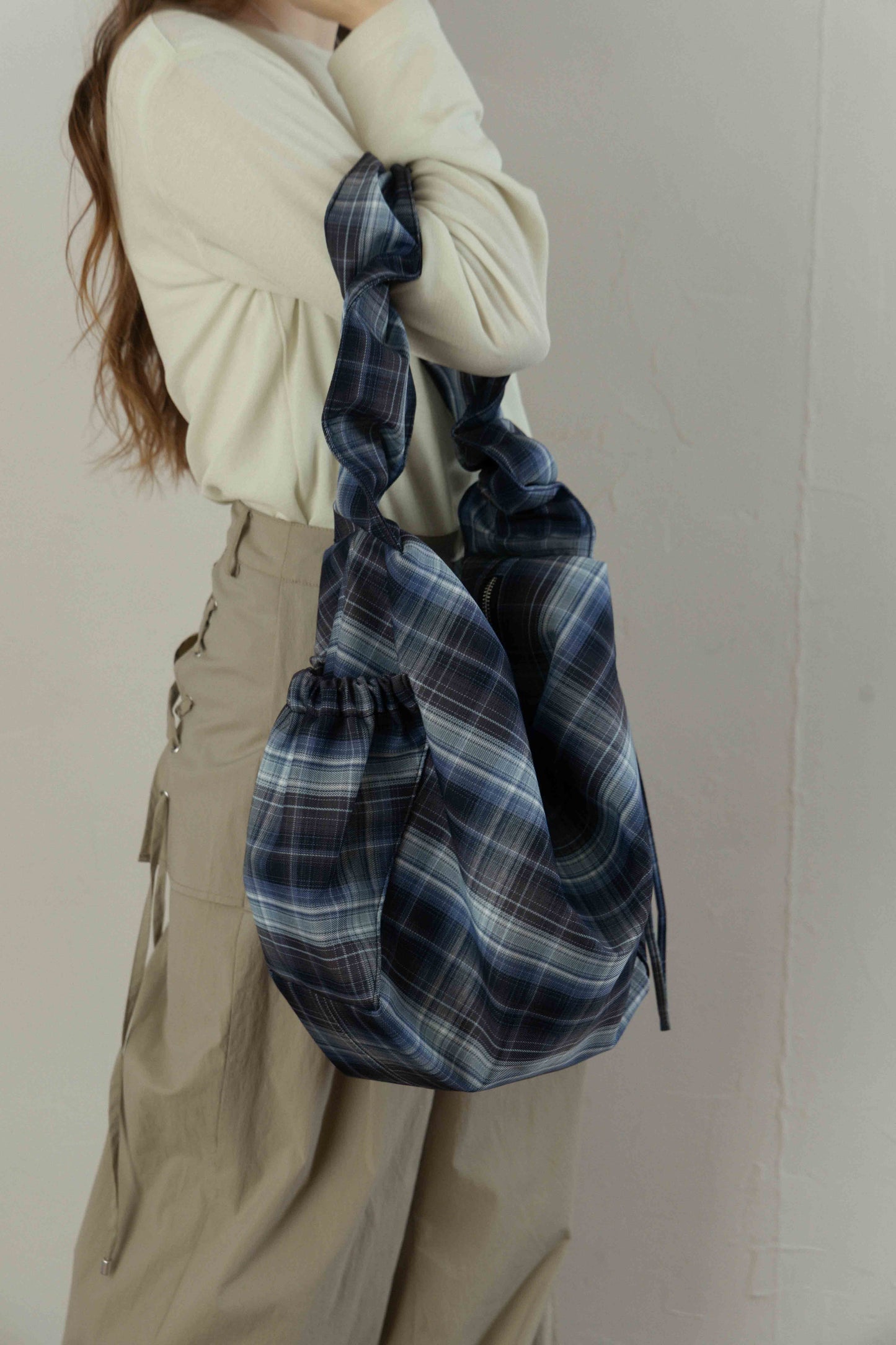 Nylon Check Gathered Shoulder Bag