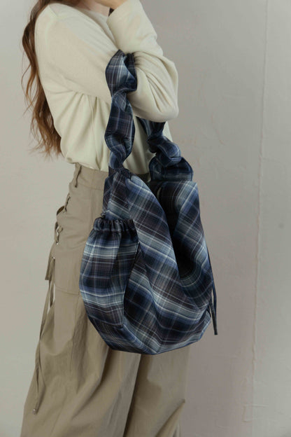 Nylon Check Gathered Shoulder Bag
