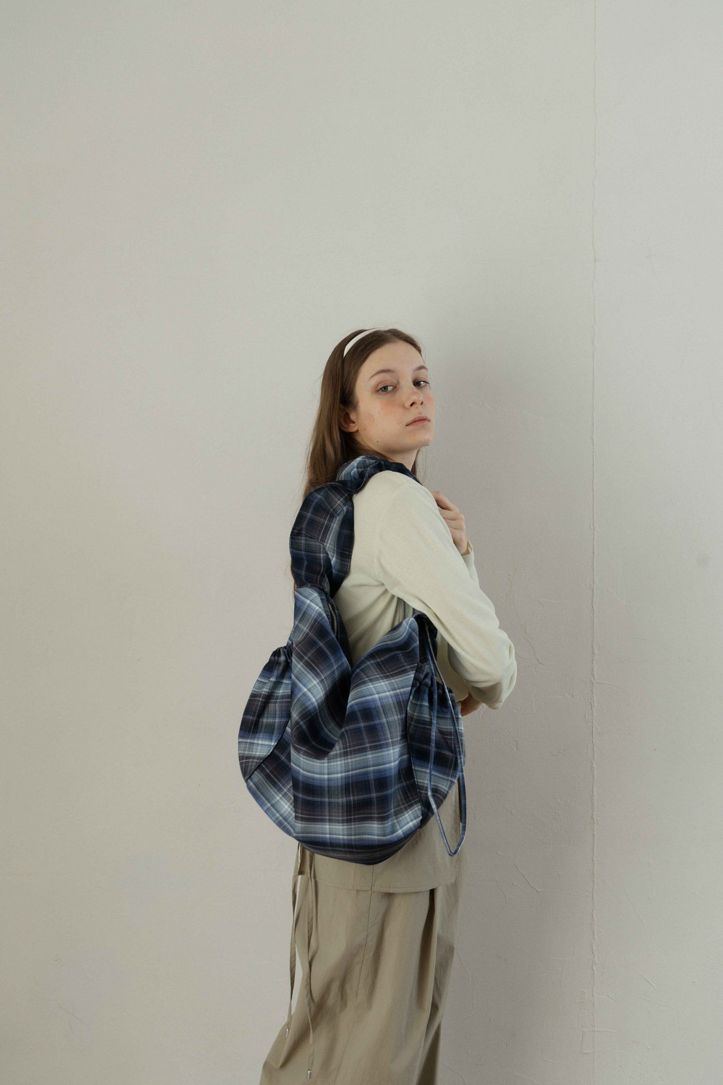 Nylon Check Gathered Shoulder Bag