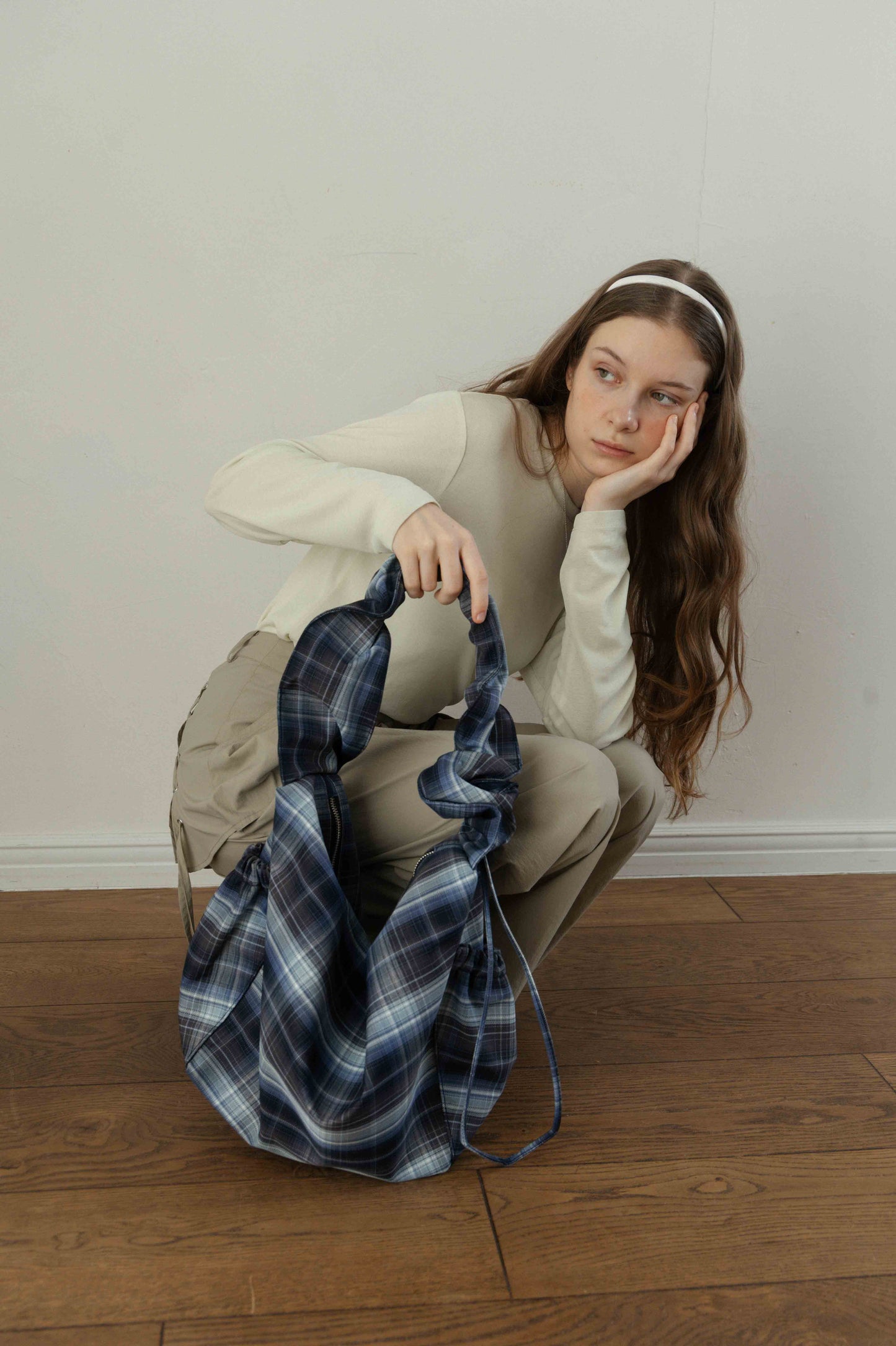 Nylon Check Gathered Shoulder Bag