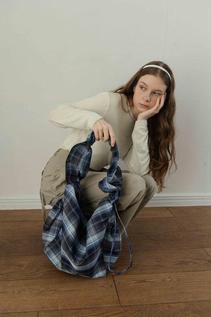 Nylon Check Gathered Shoulder Bag