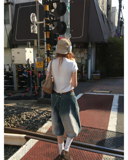 Vintage-Like Denim Half Pants