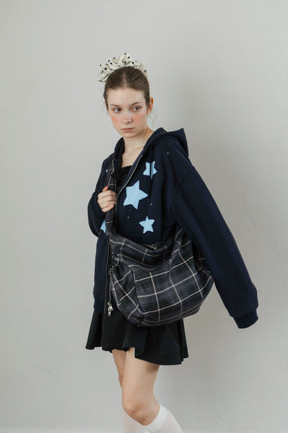 Nylon Check Gathered Shoulder Bag