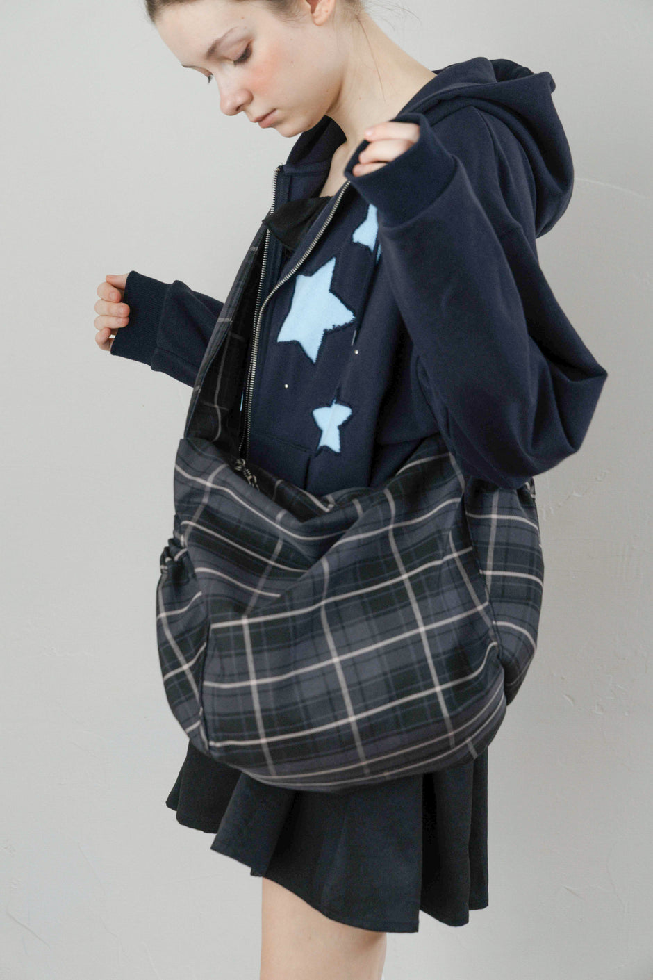 Nylon Check Gathered Shoulder Bag