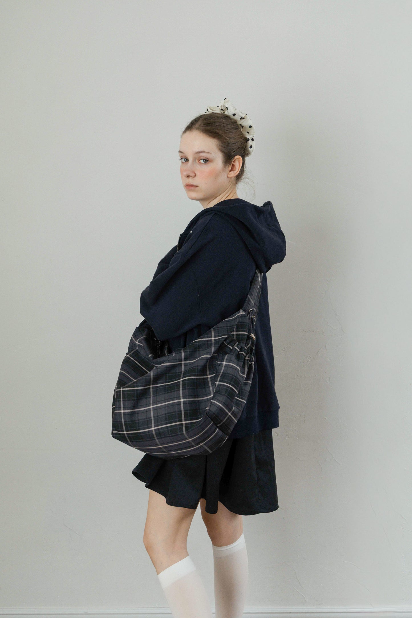 Nylon Check Gathered Shoulder Bag