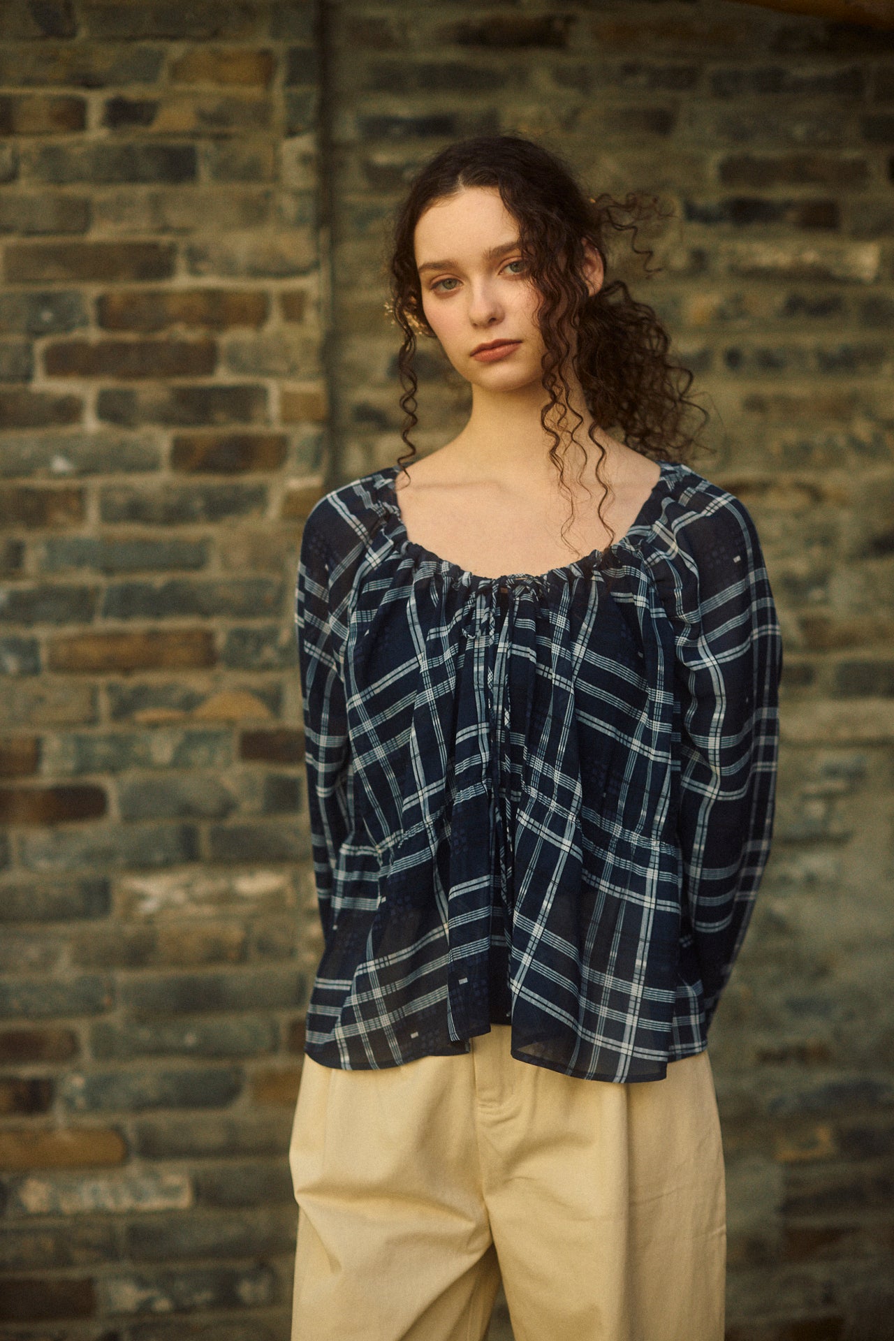 Check Chiffon Gathered Blouse