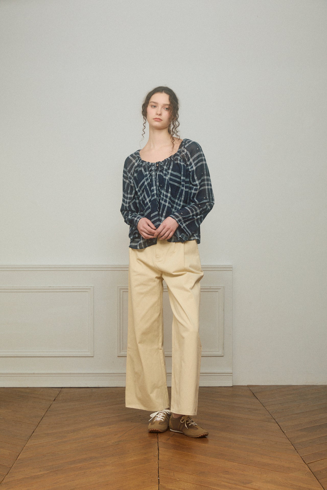 Check Chiffon Gathered Blouse