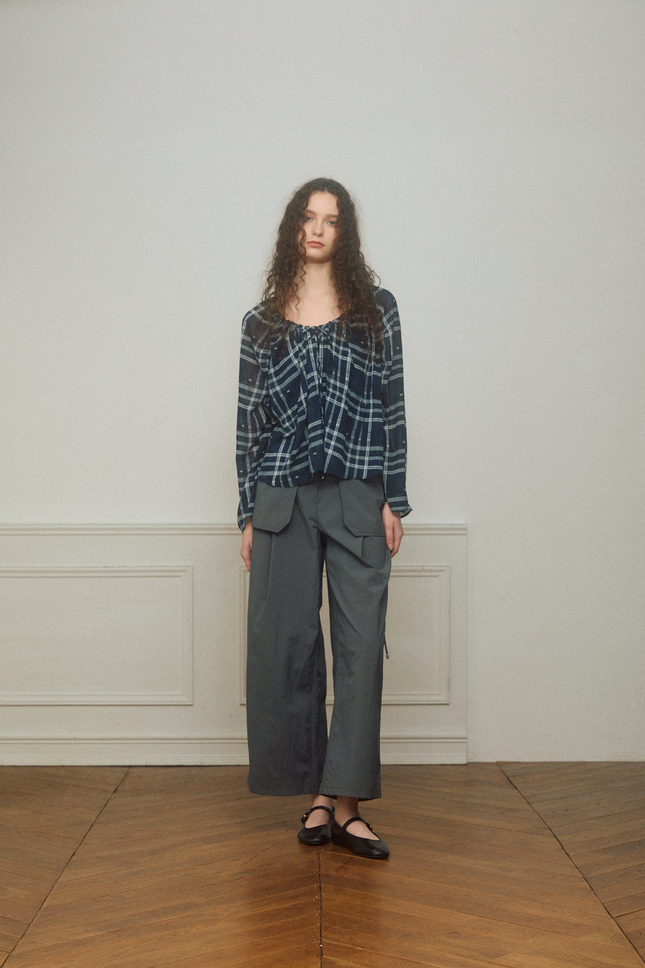 Check Chiffon Gathered Blouse