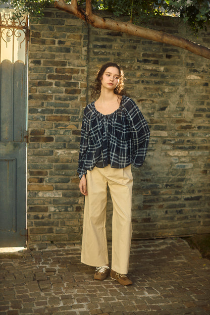 Check Chiffon Gathered Blouse