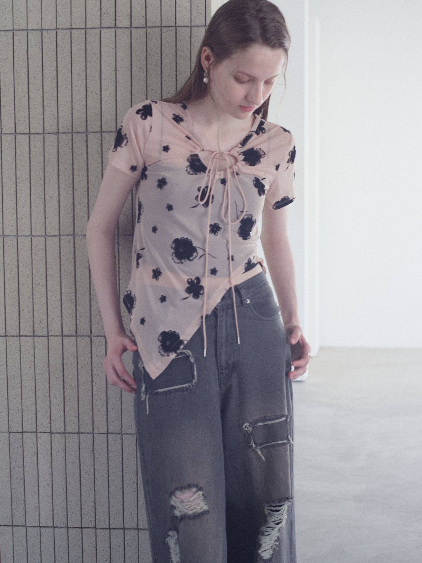 Printed Sheer Short Sleeve Tops
