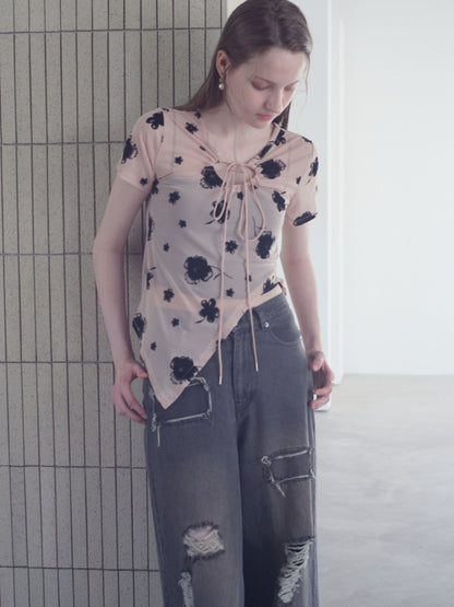 Printed Sheer Short Sleeve Tops