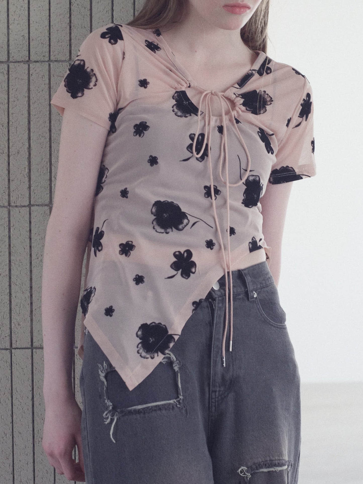 Printed Sheer Short Sleeve Tops