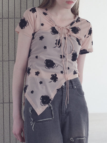 Printed Sheer Short Sleeve Tops
