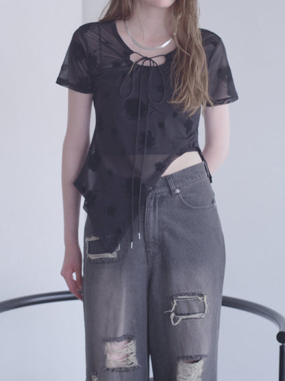 Printed Sheer Short Sleeve Tops
